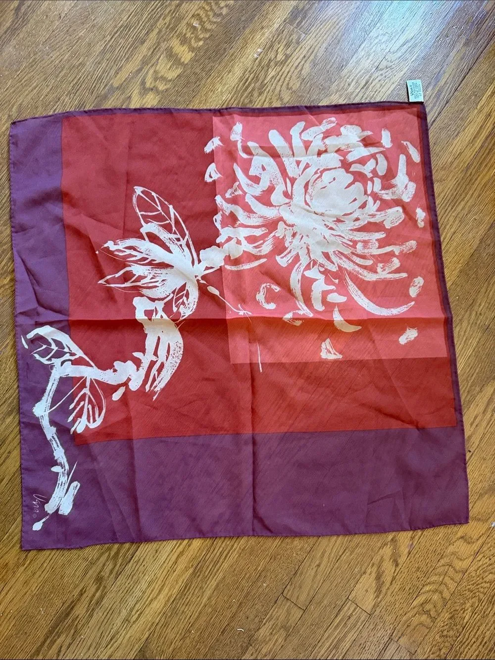 Vintage ; Vera Floral Print Red & Plum Silk Scarf